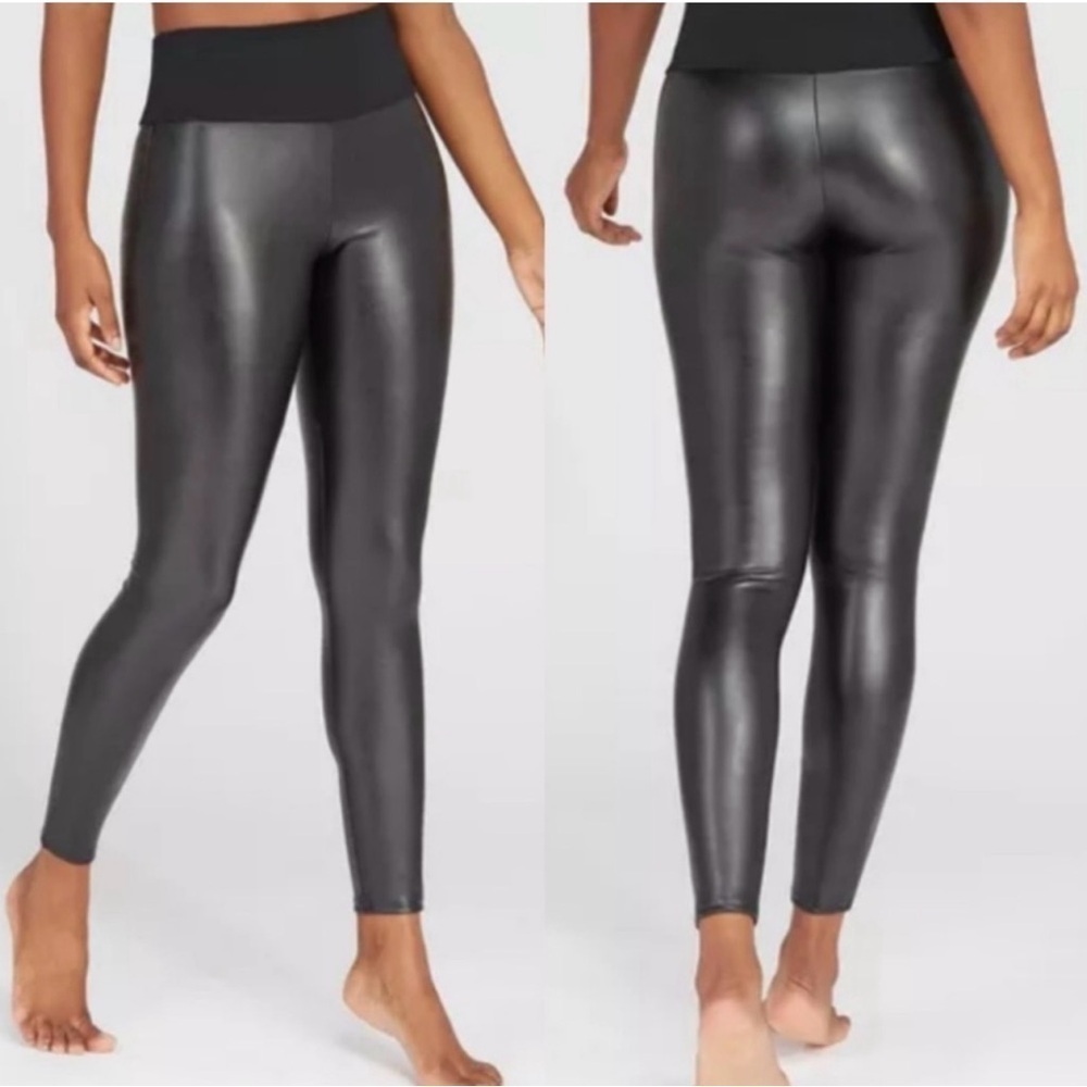 ASSETS by SPANX Faux Leather Leggings L Very Black 20258R High Waist Shaping